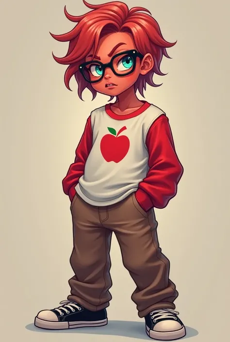  boy with literally red skin and skin-colored hair,  his hair is licked down,  he wears a white shirt with red sleeves and a red apple symbol in the middle,  he wears brown pants ,  black and white shoes , bright cyan eye , wear glasses, He has a moody fac...