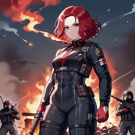 Young girl, muscular body, black combat suit with red touches, crimson red hair, crimson eyes, battlefield, smoke, fire, bullets.