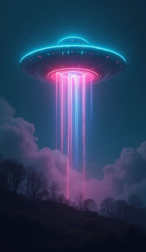 "A mysterious night sky with a glowing UFO emitting bright, colorful lights, hovering above the ground in a slightly cloudy atmosphere. The scene should feel suspenseful and intriguing."