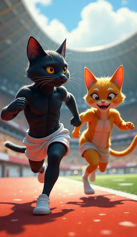 The muscular black cat in shorts and the thin yellow cat run toward each other at a stadium, smiling.