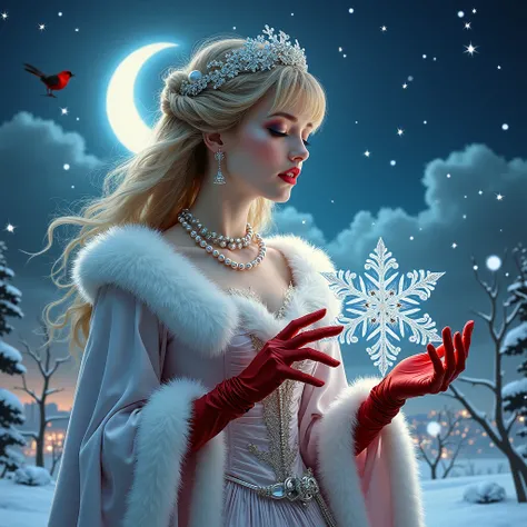 in the style of Josephine Wall, a beautiful sorceress in a winter whirlwind dress trimmed with white fur, pearls, silver threads in Rococo style, hands in red gloves, holding a large silver snowflake in her hands,snowflakes are large,fancy clouds 
 the cre...