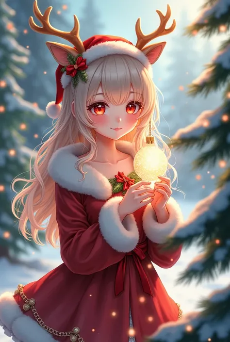 anime girl with reindeer horns and wearing christmas clothes and holding a chrismas ball from Christmas tree