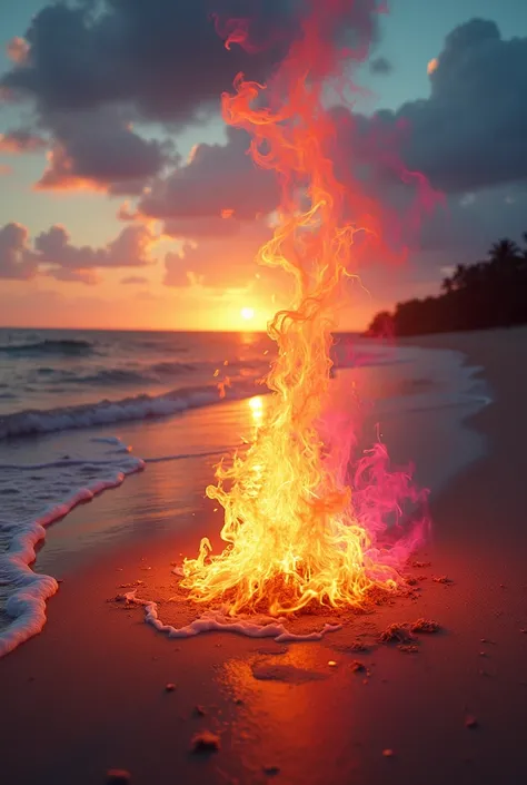 Make a multi color fire of the beach at sunset