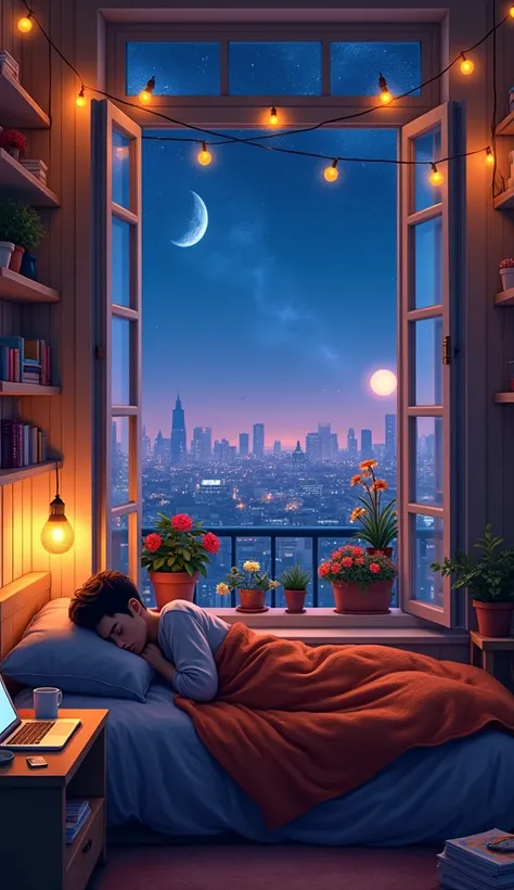 A cozy rooftop bedroom scene at night, featuring a young man peacefully sleeping on a neatly arranged bed with a warm, textured blanket in shades of deep blue and burnt orange. The room is small but charming, filled with character and personal touches. A w...