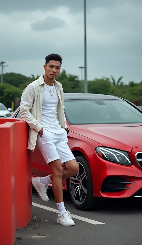  Photography A handsome Indonesian man poses confidently outside the house on a cloudy day ,  with a stormy grey sky in the background .  He is wearing a white T-shirt jacket sneaker shorts , White sporty shoes ,  frames a calm and composed expression .  H...