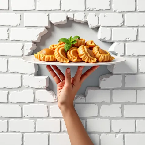 A hand holding a plate of delecious and tempting momos  is coming out from a white brick wall.the overall color theme is bright and colorful.  The picture is of high quality. 