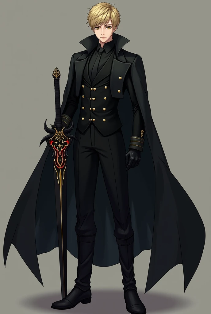  A brown-eyed boy ,  blond hair elegant black suit , black cape,  black military boots ,  black gloves, huge black sword con lineas doradas y rojas  pelo corto 