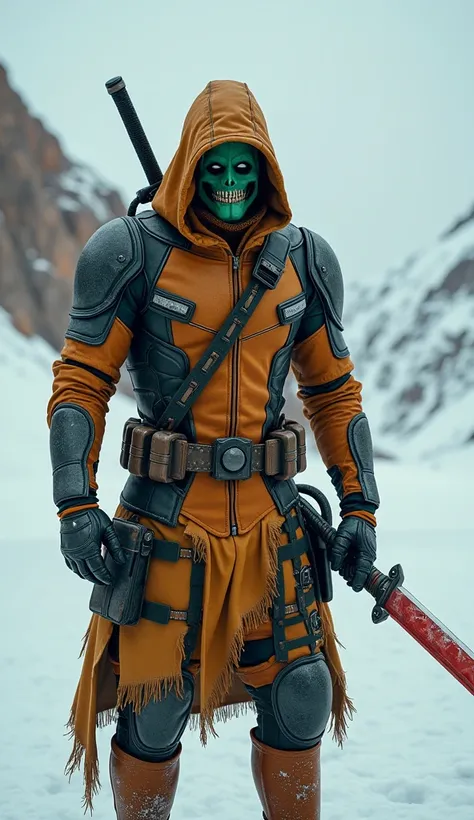  Deadpool armor cyberpunk in the arctic desert,  with a lightning long sword. He wears a skull mask  (green color mask ) dan detail naga putih pada pakaiannya,   Despite being in an arctic environment,  the color of his clothes is warm ,  like brown , gold...