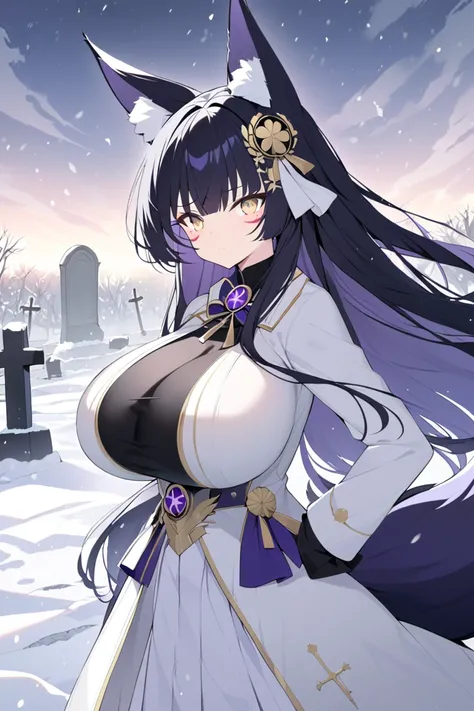 day, dawn, cloudy. snow, snowfall, blizzard, graveyard, tombstones, 1girl, fox ears, fox tail, long hair, black hair, hair ornament, gold beautiful eyes,  huge breast, white skirt. white blazer, black t-shirt, scarf, cross neckle, hand on hip, facial marks...