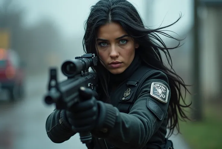 mujer hermosa de unos 20 años,  jet black hair ,  light blue eyes,  pink and plump lips, Curvilinear body,  small waist and round breasts ,  wears a special military suit ,  with harnesses and weapons , She wears a black rifle in her hand ,  has a silver s...