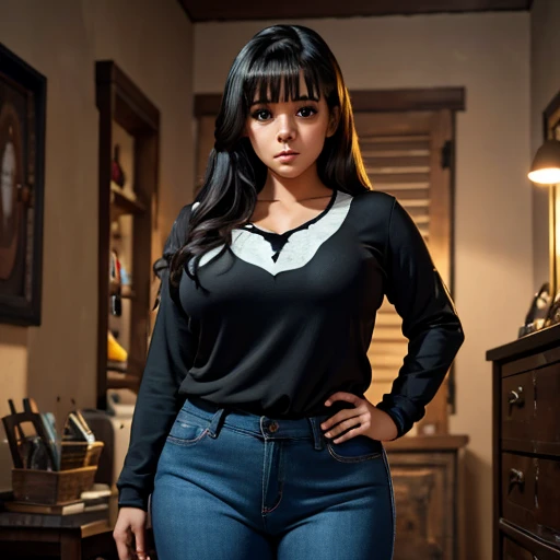 Dark nightmarish movie style, a petite cute shy innocent slightly chubby with monstously huge fat size breasts Mexican nerdy emo teen, short volumetric hair, beautiful detailed brown eyes, cutely detailed lips, super cute highly detailed eyes and face, rou...