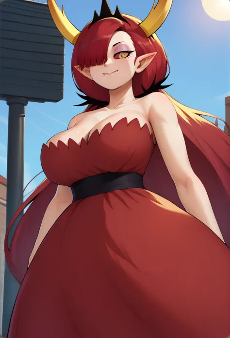 score_9, score_8_up, score_7_up, score_9,4k, HD, 8k, highres, antialiasing, detailed, texture, perspective, cinematic lighting, BREAK  hekapoo, 1girl, solo, long hair, looking at viewer, smile, large breasts, dress, cleavage, bare shoulders, very long hair...