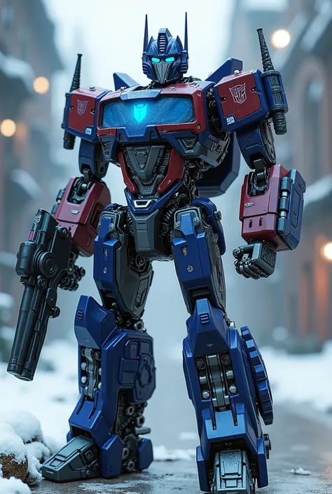 1 man, Robot, Helmet blue, Eye blue, Optimus Prime, Arm of life hand is Gun, Transformers, Christmas