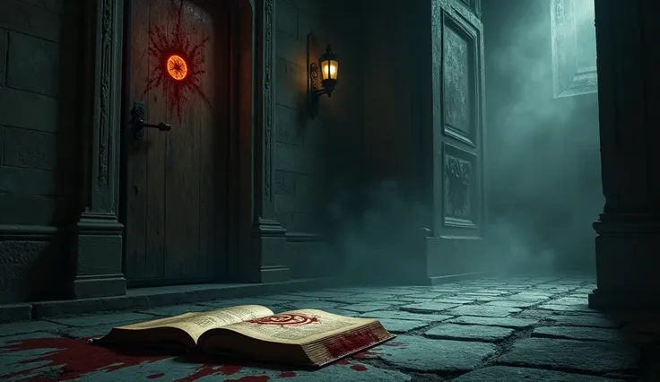 A massive wooden door at the entrance, shut tight as if by an unseen force.
A blood-stained, ancient book lying open on the floor with glowing, cryptic symbols visible on its pages.
A cold mist spreading across the floor, amplifying the haunted atmosphere....