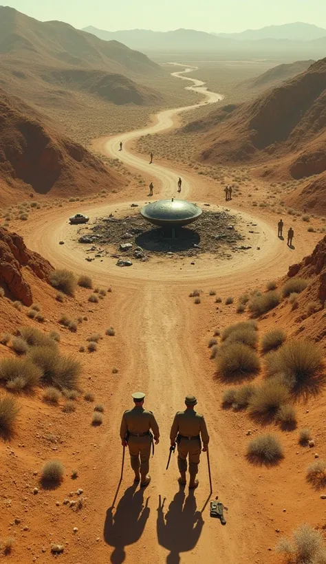 "An aerial view of the Roswell crash site in 1947, with scattered debris of a UFO in a desert landscape, surrounded by investigators in old-style uniforms."
