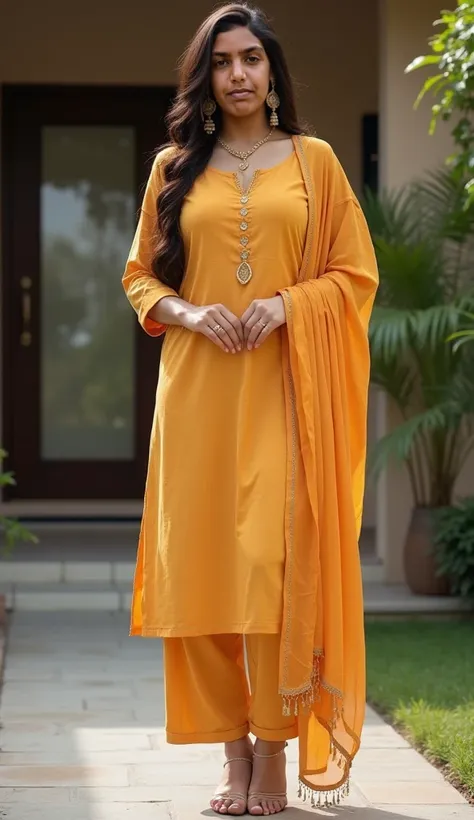 A hot woman outside home wearing Sexy  Womens Cotton Blend Straight Kurta Pant Set With Dupatta, curvy model, beautiful model girl, perfect body, sexy girl, wearing tight shirt, lovely woman, brown hair and a perfect body, very attractive and beautiful, be...