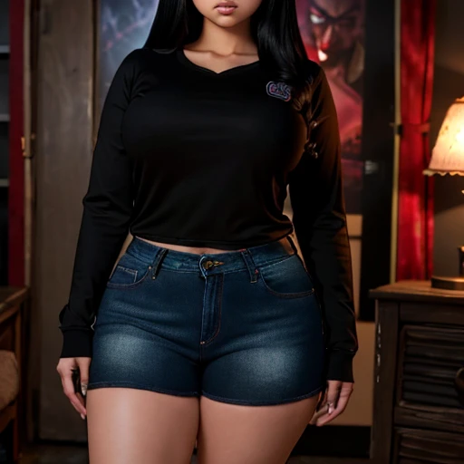 Dark nightmarish movie style, a petite cute shy innocent slightly chubby with monstously huge fat size breasts Mexican nerdy emo teen, short volumetric hair, beautiful detailed brown eyes, cutely detailed lips, super cute highly detailed eyes and face, rou...