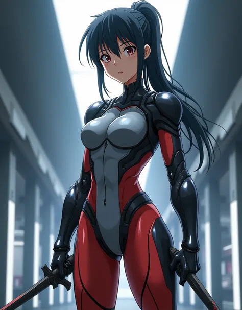 The character Asuka Langley Soryu best quality, realistic,  pretty woman,  black hair tied in a ponytail, cups, ,  holding sword ,  viewing camera,  full body, Futuristic armor I , futuristic world, high-tech background , muscular body and legs that are th...