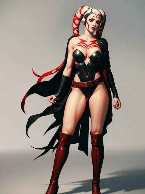 (best quality, masterpiece, highly detailed), 1girl, (white skin), Harley Quinn as a sexy Twilek, medium breasts, Jedi, black robes, Jedi robes, red tunic, tight trousers, long boots, red leather, buckles, straps, Star Wars, lekku markings