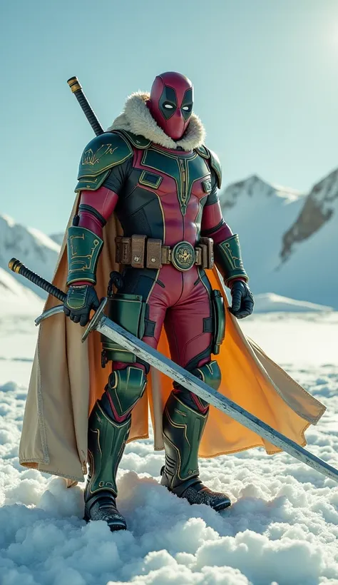  Deadpool armor cyberpunk in the arctic desert,  with a lightning long sword . He wears a Thanos mask  (green color mask ) dan detail naga putih pada pakaiannya,   Despite being in an arctic environment,  the color of his clothes is warm ,  like brown , go...