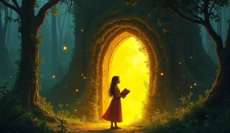 "A mysterious, glowing golden door covered in vines and surrounded by lush greenery. Fireflies dance around the door, and the forest feels alive with magic. Chandni stands in awe, holding the ancient book, her face lit by the golden glow." 