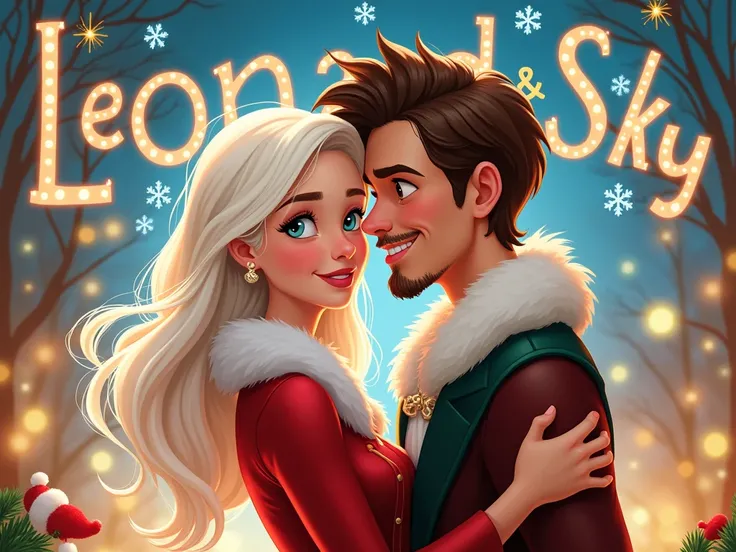 couple. Disney drawing.  Female with platinum white hair and male boy with brown hair and goatee beard. Leonardo & Sky written in large letters. celebrating christmas.