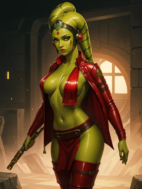 (best quality, masterpiece, highly detailed), 1girl, (green skin), Poison Ivy as a sexy Twilek, medium breasts, Jedi, red robes, Jedi robes, red tunic, tight trousers, long boots, red leather, buckles, straps, Star Wars, lekku markings