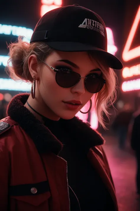 Close-up do rosto, Alternative girl,  looking over black sunglasses, jacket, collar,  neon light reflections on the skin, earring, makeup,  skin imperfections ,  short hair, hat, neon light background , low light,  depth of field , highly detailed,  high c...