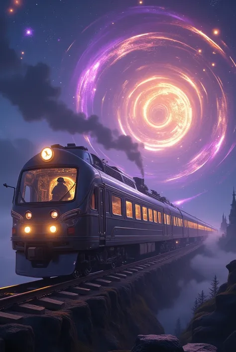  ,  Amazing Scenery .   Train Stylish Metal  ,  and purple， Rays of Light and Star-Forming Tracks  .   Its windows emit soft golden light  ,   Silhouettes of Mysterious Passengers  .  in its design ,  flickering particles , Clock Fragment  ,  runway floati...