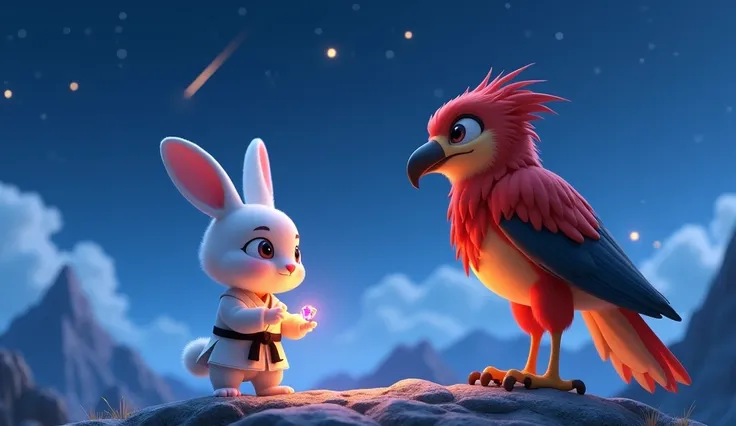 Prompt (599): {High-quality 5-second video, 3D Pixar style, with vibrant colors and high contrast}

Setting: On the mountain top，The starry sky is bright ， The Sacred Dragon Gem in Rabbits hands shines faintly {x}。

Character Movement: [Vision]  Rabbit sta...