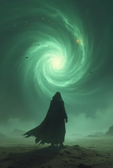 A green galactic sky and a mans shadow wearing an old cloak walking on a vast dead land while watching the spacecrafts battle above the vortex sky