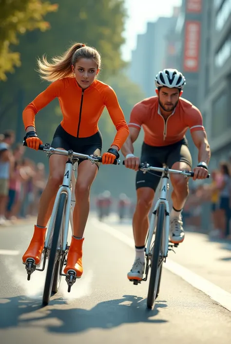  She rides orange speed skates and he is a cyclist, the bike is white.