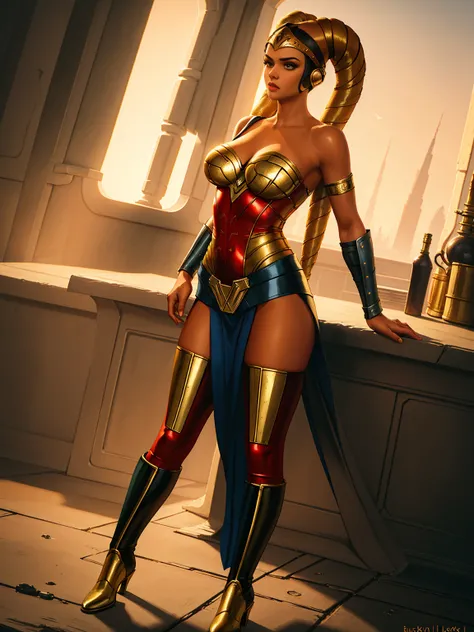 (best quality, masterpiece, highly detailed), 1girl, (tan skin), Wonder Woman as a sexy Twilek, medium breasts, Jedi, gold robes, Jedi robes, red and blue tunic, tight trousers, long boots, gold leather, buckles, straps, Star Wars, lekku markings