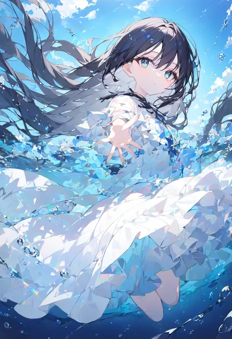  1 girl(( long hair、 black hair、blue sparkling eyes))、Reach out to the surface of the deep lake 、In the water、Air bubbles