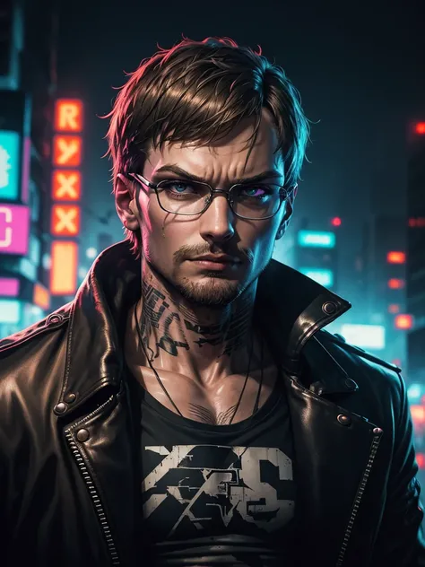 a cyberpunk serial killer, Jeffrey Dahmer, detailed portrait, dark twisted expression, intense gaze, sharp facial features, leather jacket, tattoos, neon city backdrop, glowing cybernetic implants, ominous lighting, gritty urban environment, hyper-realisti...