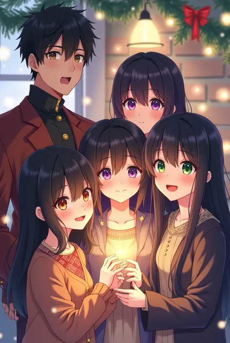 Boy with black hair and black beard and brown eyes girl with black hair and purple eyes girl with black hair and green eyes celebrating Christmas Anime, Anime Style, 