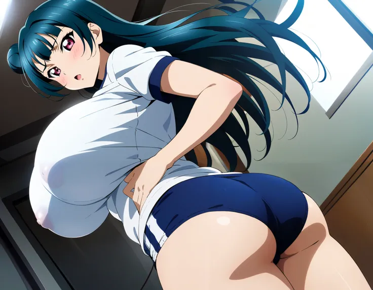 1girl, tsushima yoshiko, love live!, solo, big ass, ass focus, from below, (fullback buruma, navyblue buruma:1.2), (gym uniform, white t-shirts), gigantic breasts, perfect anatomy, good anatomy, slim, slender, skinny, short stature, short height, looking a...