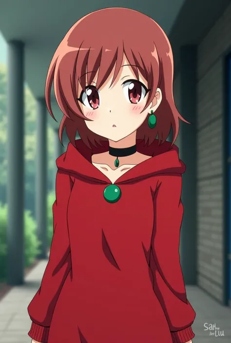 Momo Ayase from the anime Dan Da Dan is a teenager of average height,  with medium-length reddish brown hair that mainly frames the right side of her face and crimson brown eyes .  It also includes green circular earrings and a black necklace around her ne...