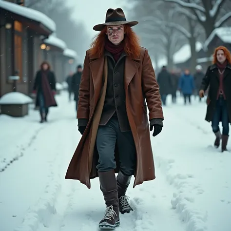  Bill Weasley

A man with long red hair peeking out under a , with scars that cross his face ,  giving it a heroic air .  leather hat wears a brown leather coat and sturdy boots as he walks through the snow with a safe pace,  accompanied by the echo of his...