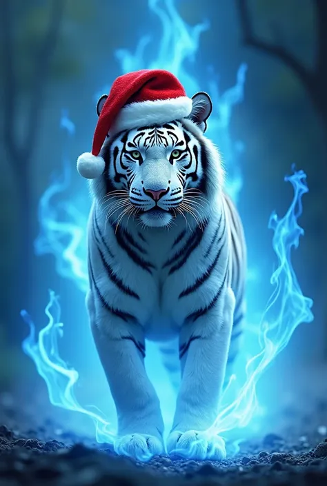 A white tiger wearing a Christmas hat in blue flames 