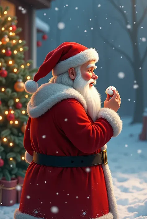 Santa Claus turning his back ,  standing eating a small white cookie