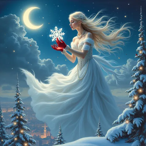 in the style of Josephine Wall, high above a big city, a beautiful sorceress in a winter whirlwind dress trimmed with white fur, pearls, silver threads in Rococo style, hands in red gloves, holding a large silver snowflake in her hands, sparkles,a swirl of...