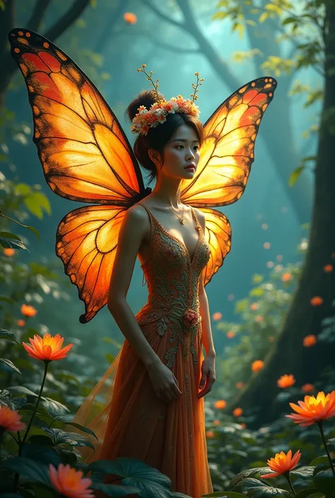 A beautiful fairy-like Thai woman with large, colorful butterfly wings. She wears a floral crown and wears a dress with exquisite patterns. The background is a magical lush forest with luminous elements, floating flowers.
