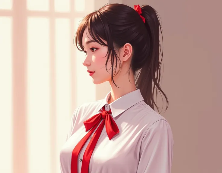 there is a woman in a white shirt with a red ribbon on her chest, nivanh chanthara, white ribbon, profile picture 1024px, only with red, thawan duchanee, red ribbon, wonderful masterpiece, jia, 18 years old, white red, peacefull, yuli ban, sakimi chan, wea...