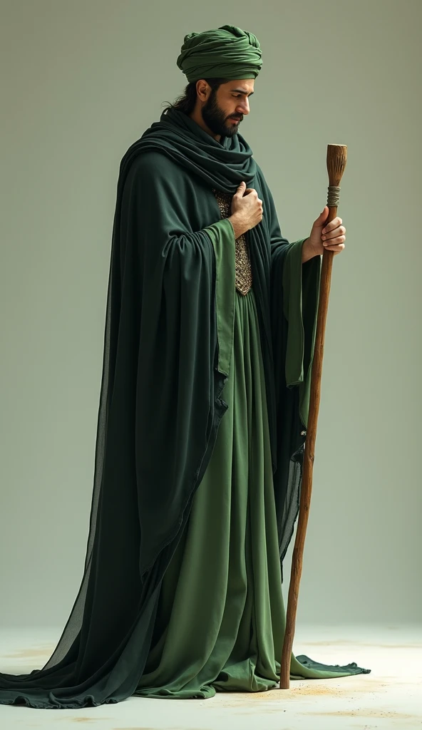 Sufi saint full body  wear a black shawl and green dressing and  green turban and hold a stick 