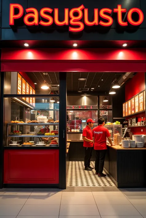 A red-and-black business in a mall owned by Tequeños Venezolanos with the name of Pasugusto and the employees also wearing Pasugustos uniform