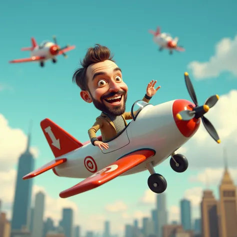 "A surreal and whimsical scene of a man with a caricatured oversized head riding a toy-like airplane, flying through the sky. The man has an enthusiastic, joyful expression, and the setting features a bright blue sky with fluffy clouds. The background incl...