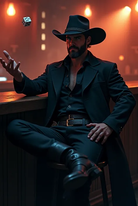  image of a 28-year-old man , beautiful, with a thin beard,  resting on a bar bench ,  he has gunslinger clothing ,  long black coat ,  a gunslinger hat ,  is throwing dice up the air, In the background a bar ,  black leather boots,  anime style 
