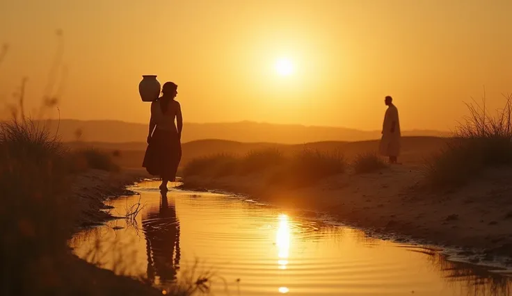 he golden light of the setting sun casts a warm, radiant glow across the landscape, illuminating the tranquil spring. The camera pans over the quiet scene, focusing on the servant standing at the water’s edge, his posture filled with quiet anticipation. Th...