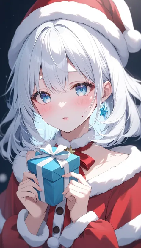    dark、Corrosive、 colorful 、 Gorgeous Light and Shadow 、whole body、 The girl&#39;s white skin、Mouth is moody、( light blue eyes) eyes with blood in test tubes are blurry and dreamy。Dappled Light and Shadow, portrait,White Hair, Santa costume、 blush your ch...